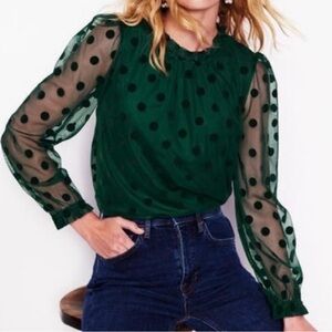 BODEN tulle blouson sleeve green polka dot top size 6 holiday office work